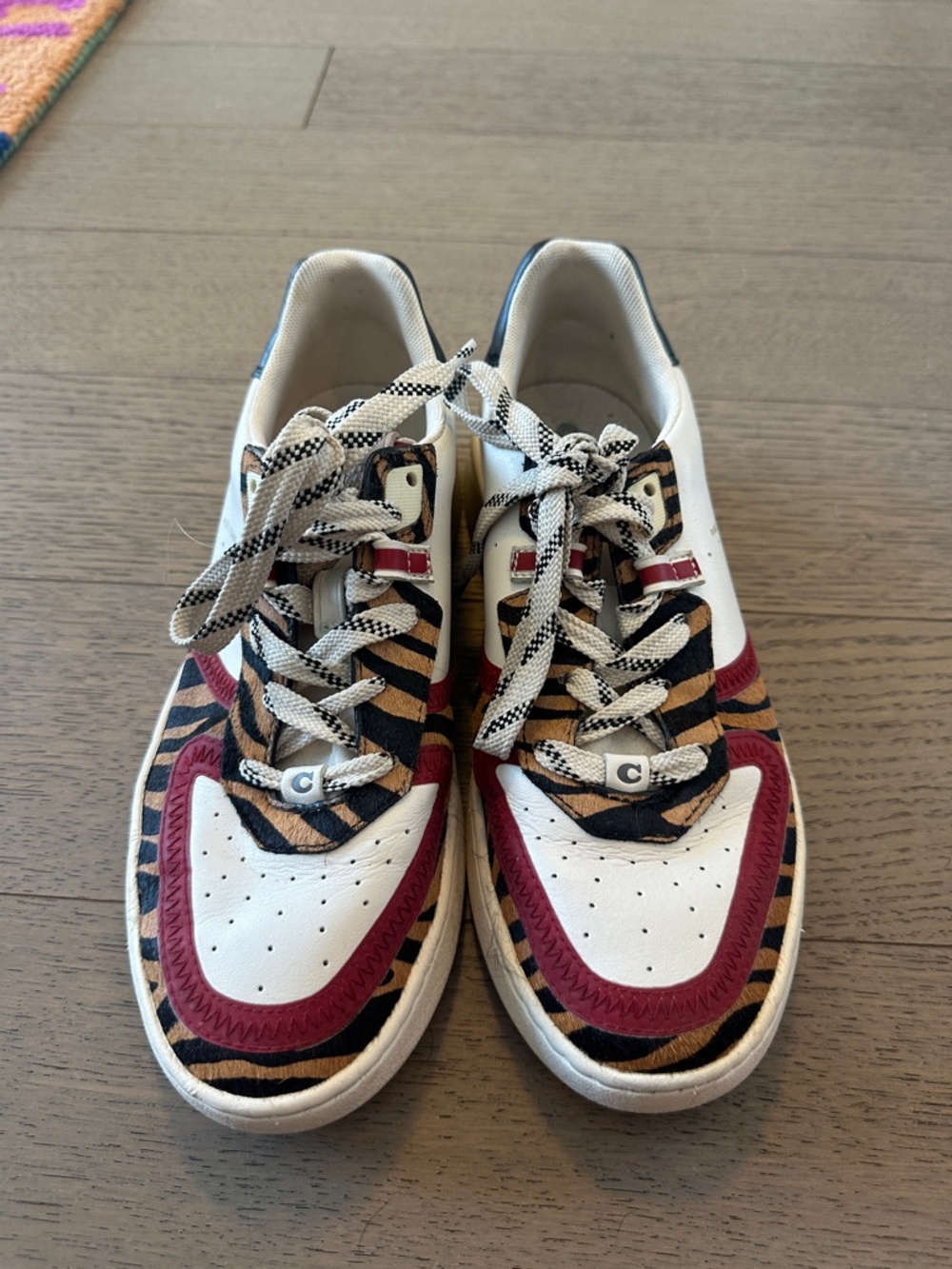 Coach White Sneakers with Tiger Stripe and Burgundy Accents